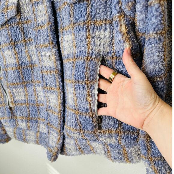 We The Free Fuzzy Loop Stitch Ivory Blue Tan Mock Neck Zip Jacket XS - Picture 4 of 14